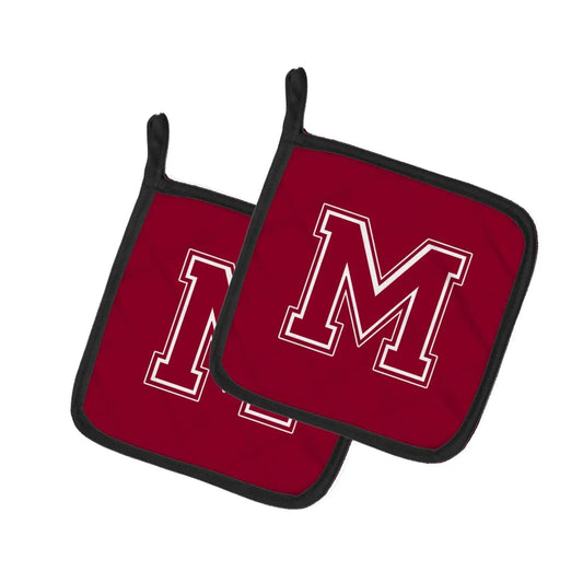 Pot Holder Set of 2 | Heat Resistant Quilted Hot Pads | 7.5 x 7.5 Inch | Letter M Initial Monogram - Maroon and White
