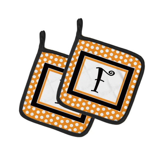 Pot Holder Set of 2 | Heat Resistant Quilted Hot Pads | 7.5 x 7.5 Inch | Letter F Initial Monogram - Orange Polkadots