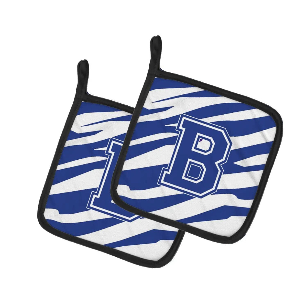Pot Holder Set of 2 | Heat Resistant Quilted Hot Pads | 7.5 x 7.5 Inch | Letter B Initial Tiger Stripe Blue and White