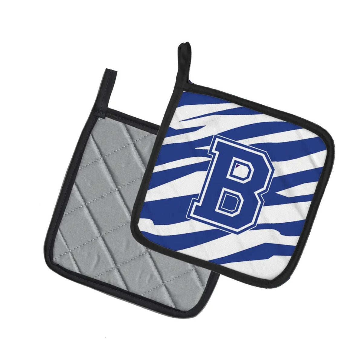 Pot Holder Set of 2 | Heat Resistant Quilted Hot Pads | 7.5 x 7.5 Inch | Letter B Initial Tiger Stripe Blue and White