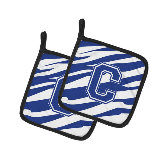 Pot Holder Set of 2 | Heat Resistant Quilted Hot Pads | 7.5 x 7.5 Inch | Letter C Initial Tiger Stripe Blue and White