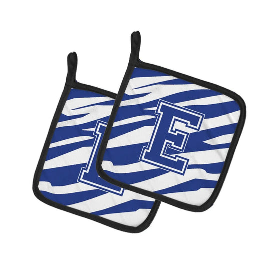 Pot Holder Set of 2 | Heat Resistant Quilted Hot Pads | 7.5 x 7.5 Inch | Letter E Initial Tiger Stripe Blue and White