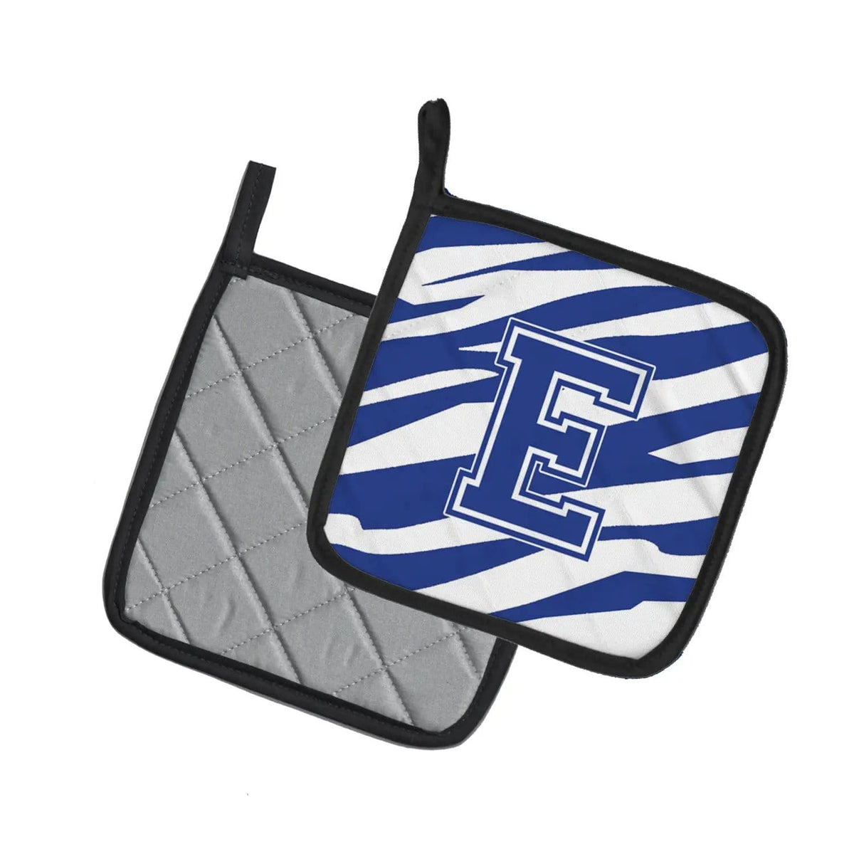 Pot Holder Set of 2 | Heat Resistant Quilted Hot Pads | 7.5 x 7.5 Inch | Letter E Initial Tiger Stripe Blue and White