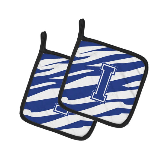 Pot Holder Set of 2 | Heat Resistant Quilted Hot Pads | 7.5 x 7.5 Inch | Letter I Initial Tiger Stripe Blue and White