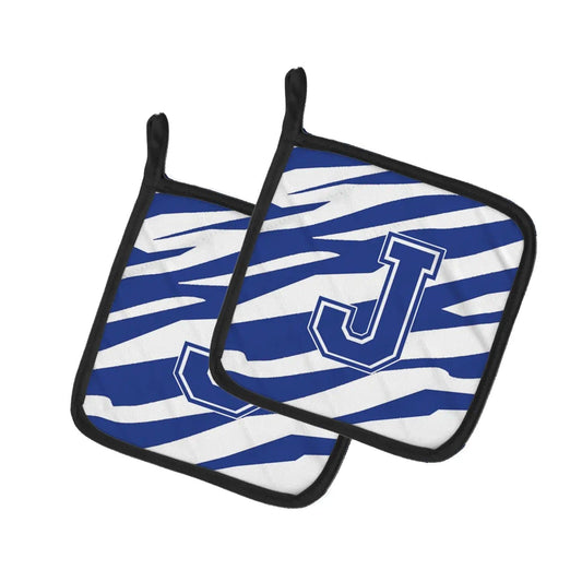 Pot Holder Set of 2 | Heat Resistant Quilted Hot Pads | 7.5 x 7.5 Inch | Letter J Initial Tiger Stripe Blue and White