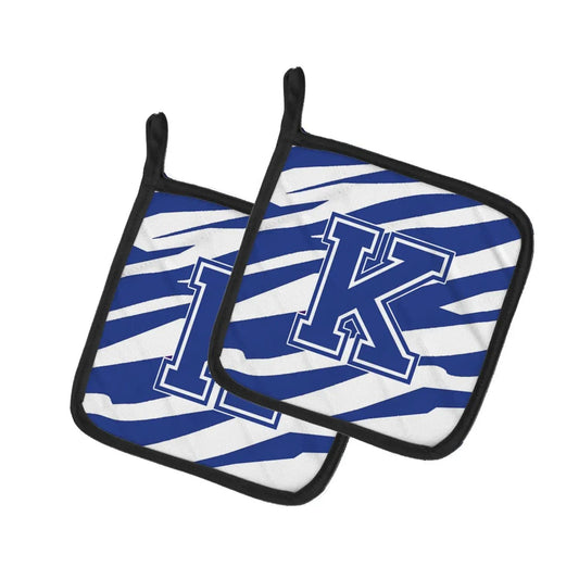 Pot Holder Set of 2 | Heat Resistant Quilted Hot Pads | 7.5 x 7.5 Inch | Letter K Initial Tiger Stripe Blue and White