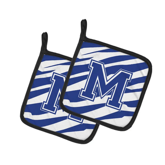 Pot Holder Set of 2 | Heat Resistant Quilted Hot Pads | 7.5 x 7.5 Inch | Letter M Initial Tiger Stripe Blue and White