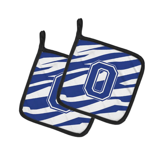 Pot Holder Set of 2 | Heat Resistant Quilted Hot Pads | 7.5 x 7.5 Inch | Letter O Initial Tiger Stripe Blue and White