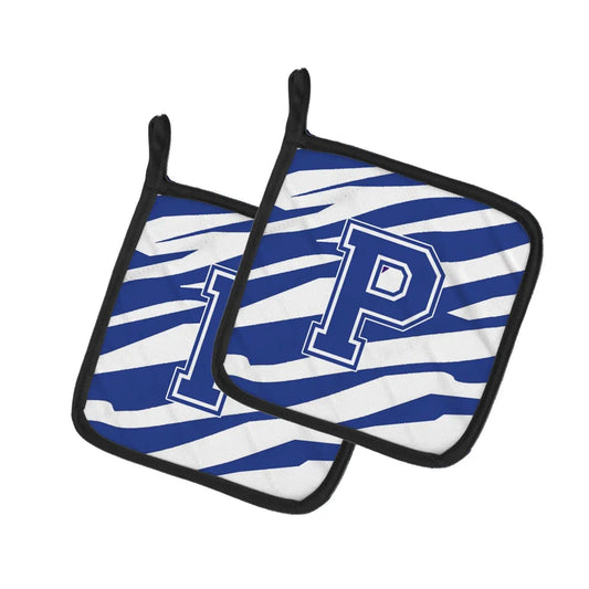 Pot Holder Set of 2 | Heat Resistant Quilted Hot Pads | 7.5 x 7.5 Inch | Letter P Initial Tiger Stripe Blue and White