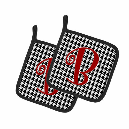 Pot Holder Set of 2 | Heat Resistant Quilted Hot Pads | 7.5 x 7.5 Inch | Letter B Initial Monogram - Houndstooth Black