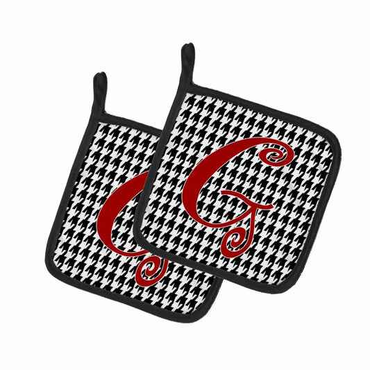 Pot Holder Set of 2 | Heat Resistant Quilted Hot Pads | 7.5 x 7.5 Inch | Letter G Initial Monogram - Houndstooth Black