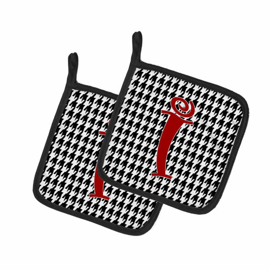 Pot Holder Set of 2 | Heat Resistant Quilted Hot Pads | 7.5 x 7.5 Inch | Letter I Initial Monogram - Houndstooth Black
