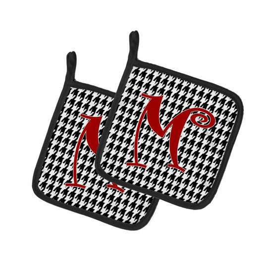 Pot Holder Set of 2 | Heat Resistant Quilted Hot Pads | 7.5 x 7.5 Inch | Letter M Initial Monogram - Houndstooth Black