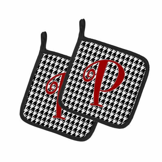 Pot Holder Set of 2 | Heat Resistant Quilted Hot Pads | 7.5 x 7.5 Inch | Letter P Initial Monogram - Houndstooth Black