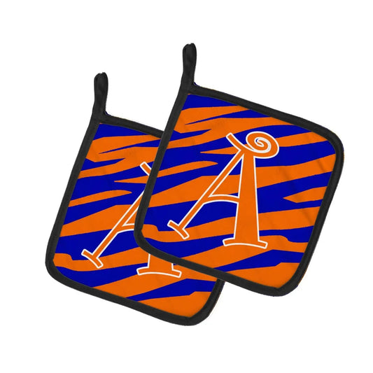 Pot Holder Set of 2 | Heat Resistant Quilted Hot Pads | 7.5 x 7.5 Inch | Letter A Monogram - Orange Blue Tiger Stripe (Style 2)