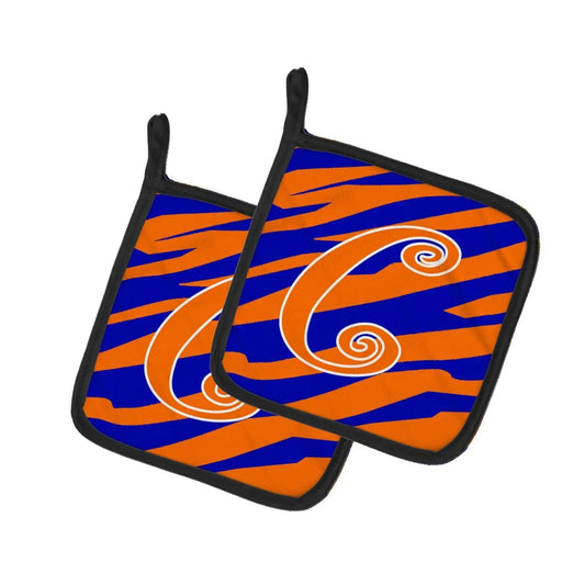Pot Holder Set of 2 | Heat Resistant Quilted Hot Pads | 7.5 x 7.5 Inch | Letter C Initial Tiger Stripe Blue and Orange