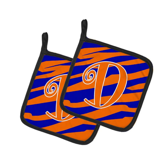Pot Holder Set of 2 | Heat Resistant Quilted Hot Pads | 7.5 x 7.5 Inch | Letter D Initial Tiger Stripe Blue and Orange