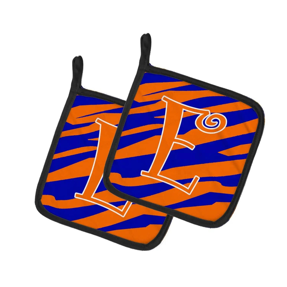 Pot Holder Set of 2 | Heat Resistant Quilted Hot Pads | 7.5 x 7.5 Inch | Letter E Initial Tiger Stripe Blue and Orange