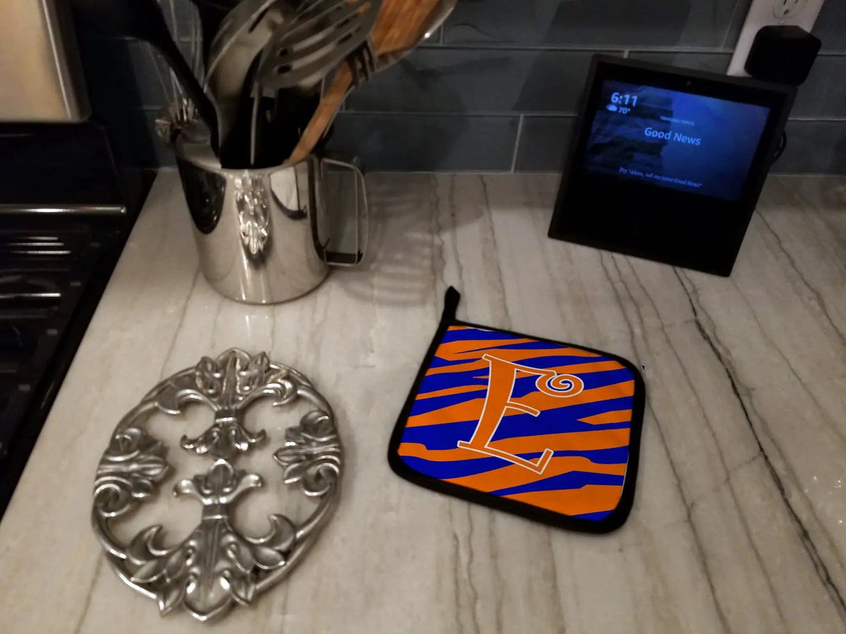 Pot Holder Set of 2 | Heat Resistant Quilted Hot Pads | 7.5 x 7.5 Inch | Letter E Initial Tiger Stripe Blue and Orange