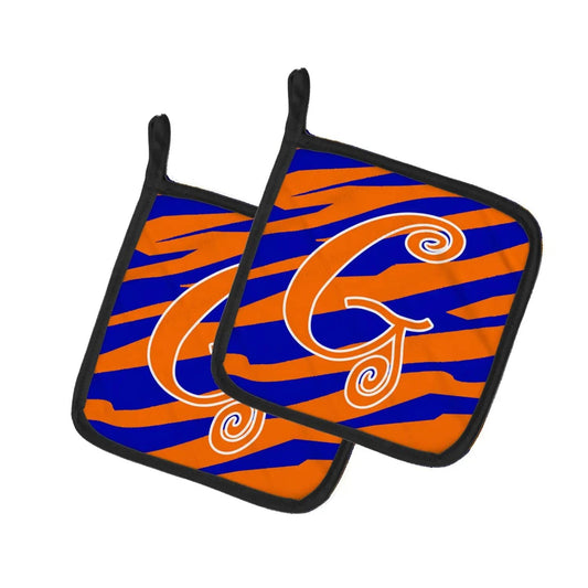 Pot Holder Set of 2 | Heat Resistant Quilted Hot Pads | 7.5 x 7.5 Inch | Letter G Initial Tiger Stripe Blue and Orange