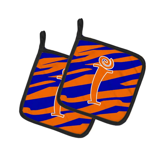 Pot Holder Set of 2 | Heat Resistant Quilted Hot Pads | 7.5 x 7.5 Inch | Letter I Initial Tiger Stripe Blue and Orange