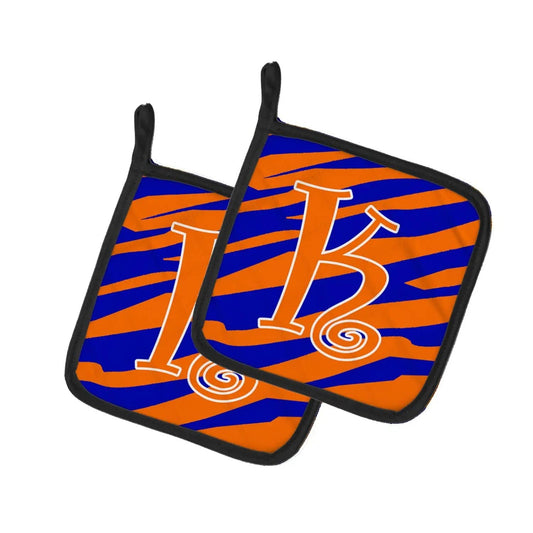 Pot Holder Set of 2 | Heat Resistant Quilted Hot Pads | 7.5 x 7.5 Inch | Letter K Initial Tiger Stripe Blue and Orange