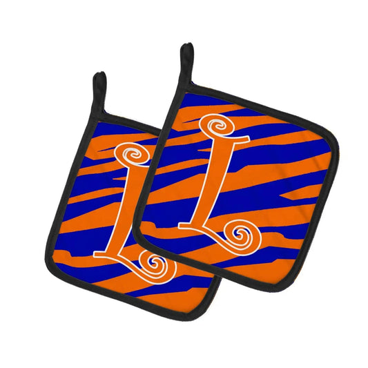Pot Holder Set of 2 | Heat Resistant Quilted Hot Pads | 7.5 x 7.5 Inch | Letter L Initial Tiger Stripe Blue and Orange