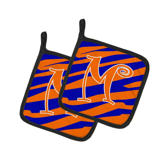 Pot Holder Set of 2 | Heat Resistant Quilted Hot Pads | 7.5 x 7.5 Inch | Letter M Initial Tiger Stripe Blue and Orange