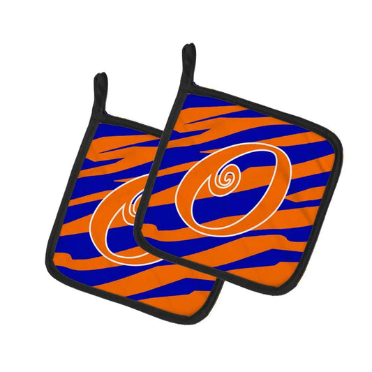 Pot Holder Set of 2 | Heat Resistant Quilted Hot Pads | 7.5 x 7.5 Inch | Letter O Initial Tiger Stripe Blue and Orange