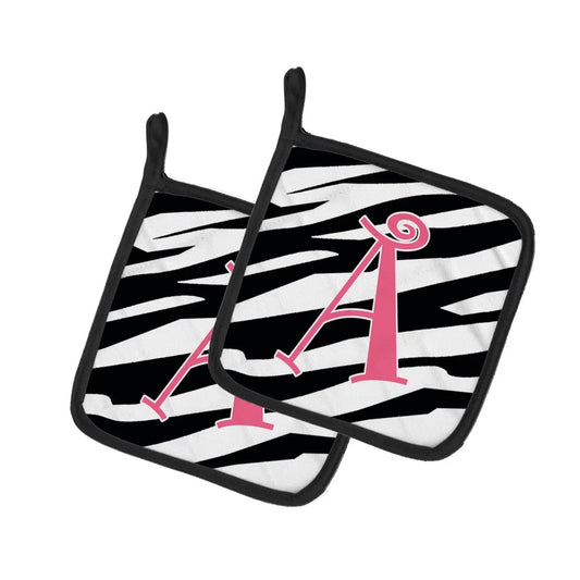 Pot Holder Set of 2 | Heat Resistant Quilted Hot Pads | 7.5 x 7.5 Inch | Letter A Monogram - Zebra Stripe and Pink