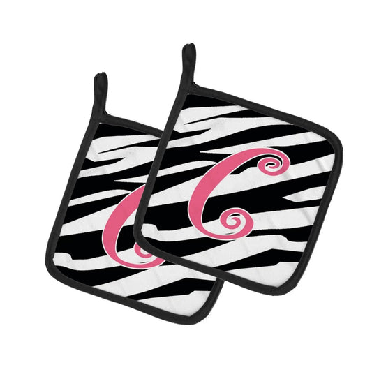 Pot Holder Set of 2 | Heat Resistant Quilted Hot Pads | 7.5 x 7.5 Inch | Letter C Initial Zebra Stripe and Pink