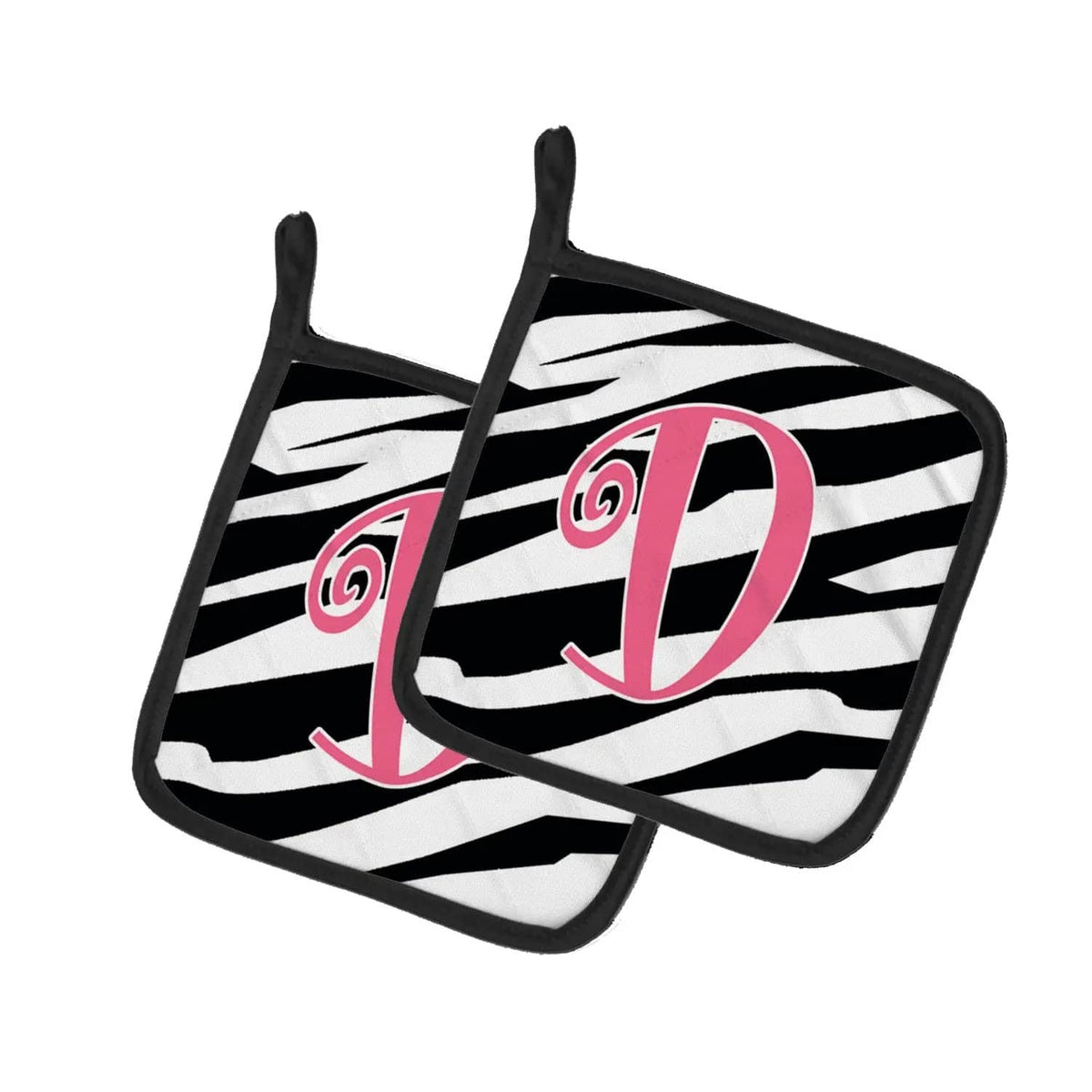 Pot Holder Set of 2 | Heat Resistant Quilted Hot Pads | 7.5 x 7.5 Inch | Letter D Initial Zebra Stripe and Pink