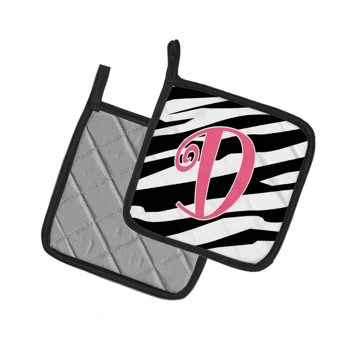 Pot Holder Set of 2 | Heat Resistant Quilted Hot Pads | 7.5 x 7.5 Inch | Letter D Initial Zebra Stripe and Pink