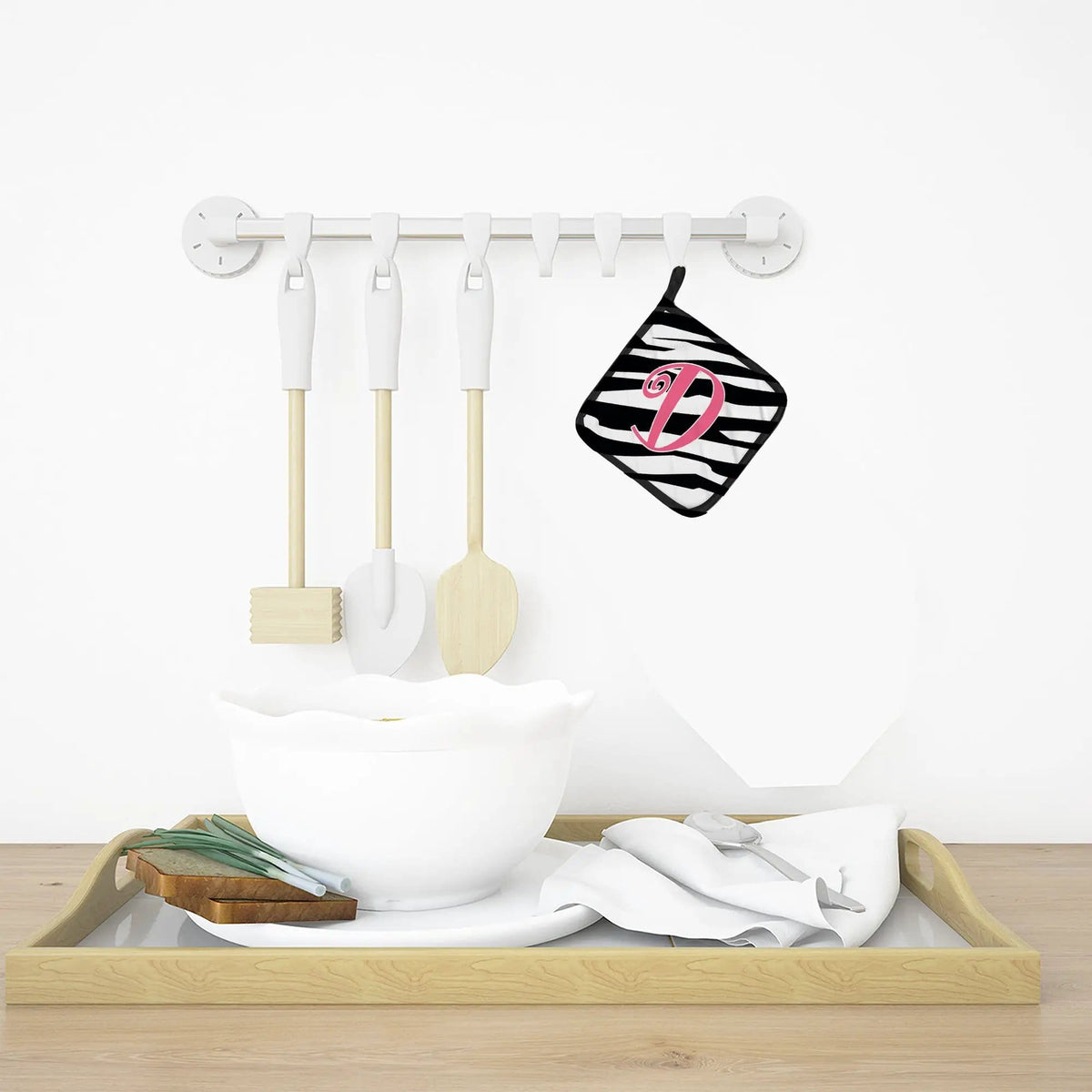 Pot Holder Set of 2 | Heat Resistant Quilted Hot Pads | 7.5 x 7.5 Inch | Letter D Initial Zebra Stripe and Pink