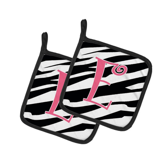 Pot Holder Set of 2 | Heat Resistant Quilted Hot Pads | 7.5 x 7.5 Inch | Letter E Initial Zebra Stripe and Pink