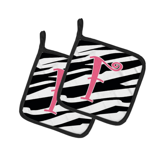 Pot Holder Set of 2 | Heat Resistant Quilted Hot Pads | 7.5 x 7.5 Inch | Letter F Initial Zebra Stripe and Pink