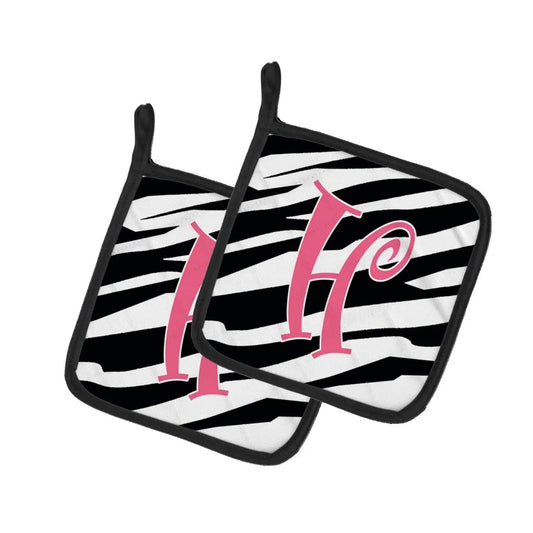 Pot Holder Set of 2 | Heat Resistant Quilted Hot Pads | 7.5 x 7.5 Inch | Letter H Initial Zebra Stripe and Pink