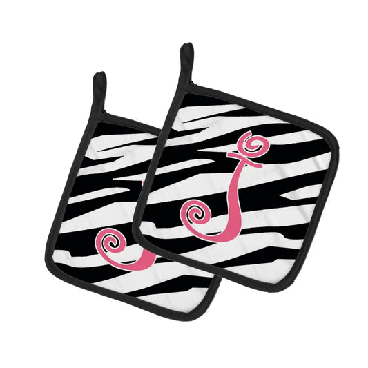 Pot Holder Set of 2 | Heat Resistant Quilted Hot Pads | 7.5 x 7.5 Inch | Letter J Initial Zebra Stripe and Pink
