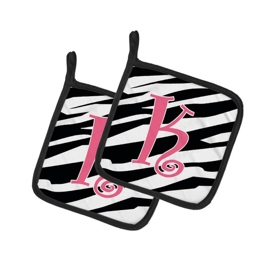 Pot Holder Set of 2 | Heat Resistant Quilted Hot Pads | 7.5 x 7.5 Inch | Letter K Initial Zebra Stripe and Pink