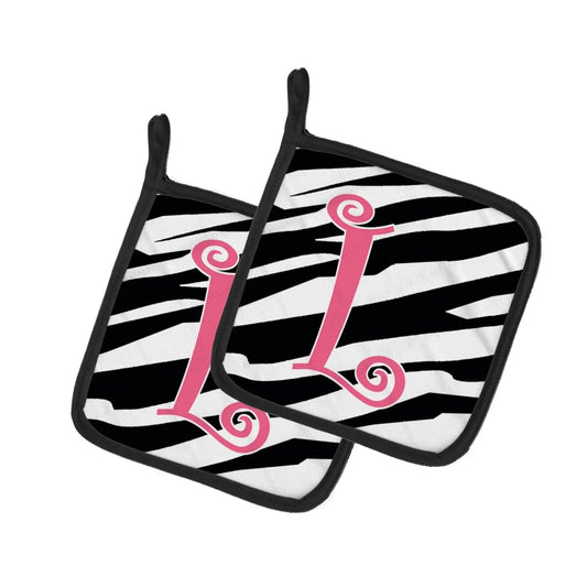 Pot Holder Set of 2 | Heat Resistant Quilted Hot Pads | 7.5 x 7.5 Inch | Letter L Initial Zebra Stripe and Pink