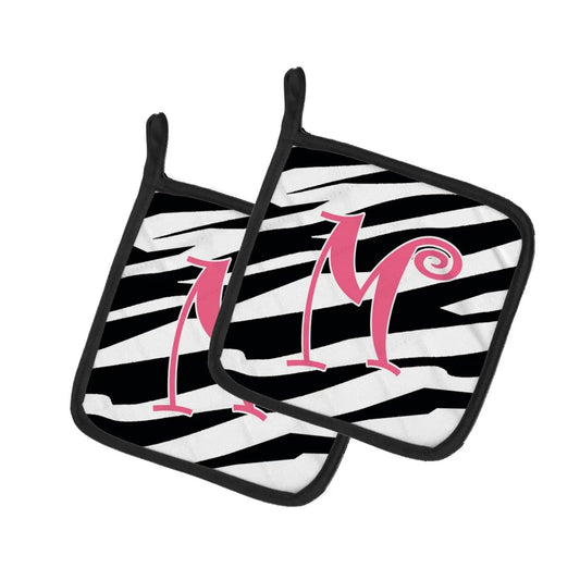 Pot Holder Set of 2 | Heat Resistant Quilted Hot Pads | 7.5 x 7.5 Inch | Letter M Initial Zebra Stripe and Pink