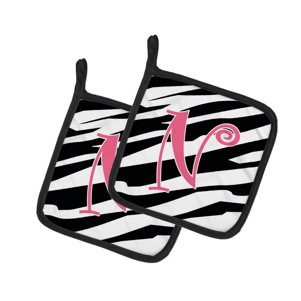 Pot Holder Set of 2 | Heat Resistant Quilted Hot Pads | 7.5 x 7.5 Inch | Letter N Initial Zebra Stripe and Pink