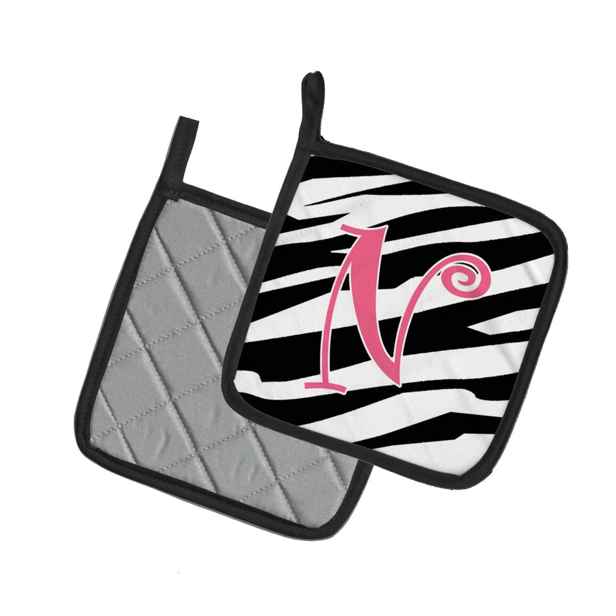 Pot Holder Set of 2 | Heat Resistant Quilted Hot Pads | 7.5 x 7.5 Inch | Letter N Initial Zebra Stripe and Pink