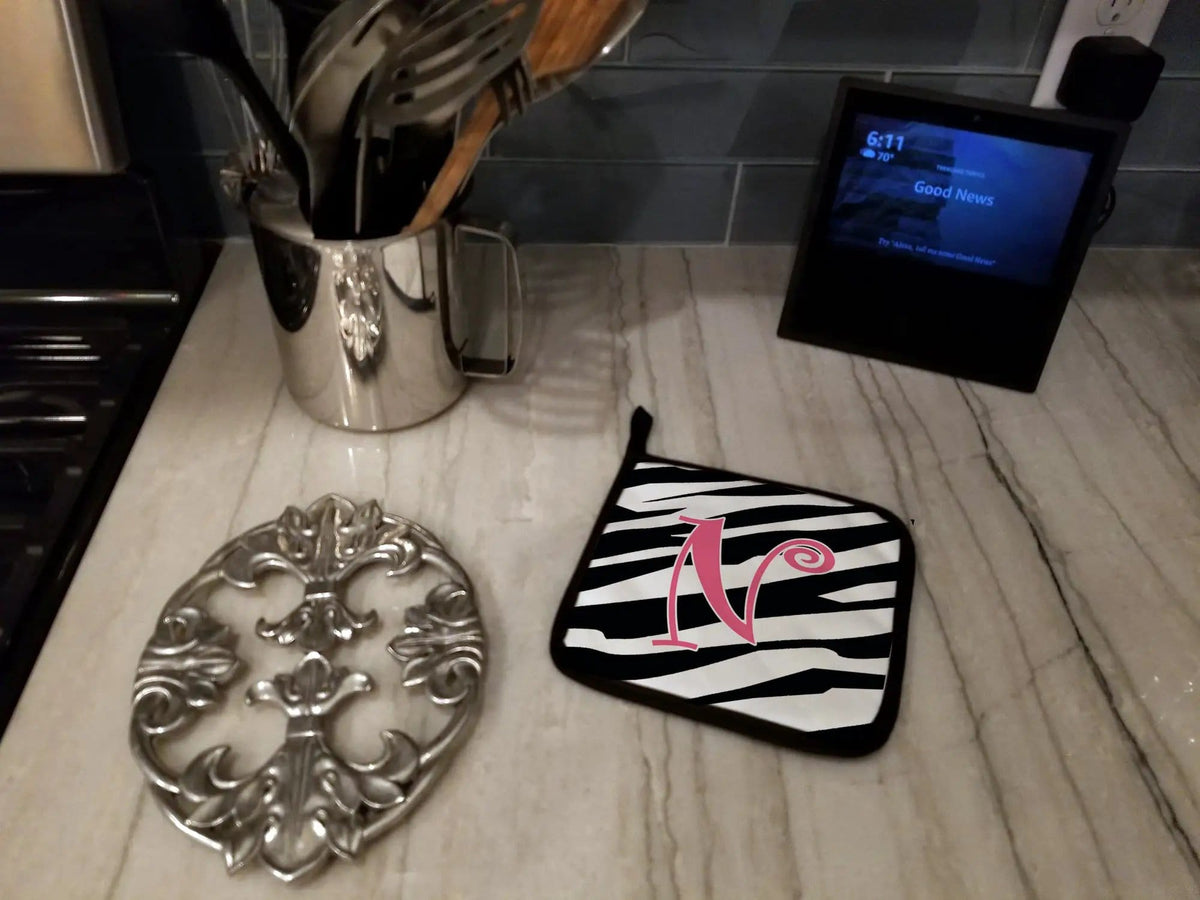 Pot Holder Set of 2 | Heat Resistant Quilted Hot Pads | 7.5 x 7.5 Inch | Letter N Initial Zebra Stripe and Pink