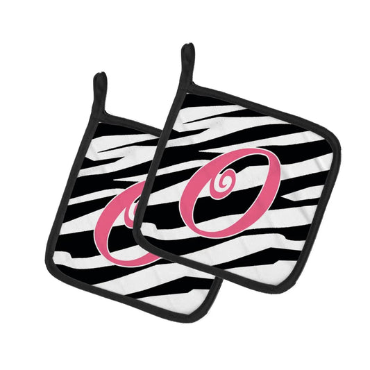 Pot Holder Set of 2 | Heat Resistant Quilted Hot Pads | 7.5 x 7.5 Inch | Letter O Initial Zebra Stripe and Pink