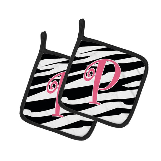 Pot Holder Set of 2 | Heat Resistant Quilted Hot Pads | 7.5 x 7.5 Inch | Letter P Initial Zebra Stripe and Pink