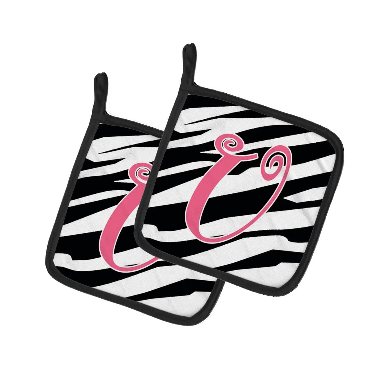 Pot Holder Set of 2 | Heat Resistant Quilted Hot Pads | 7.5 x 7.5 Inch | Letter U Initial Zebra Stripe and Pink