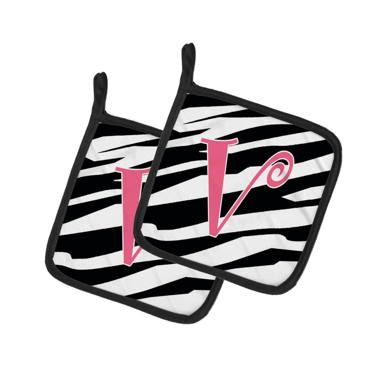 Pot Holder Set of 2 | Heat Resistant Quilted Hot Pads | 7.5 x 7.5 Inch | Letter V Initial Zebra Stripe and Pink