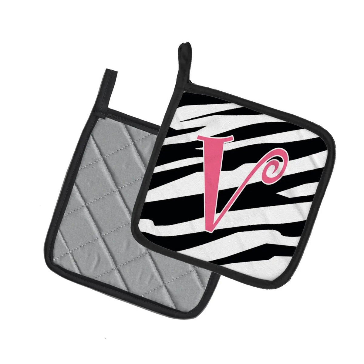 Pot Holder Set of 2 | Heat Resistant Quilted Hot Pads | 7.5 x 7.5 Inch | Letter V Initial Zebra Stripe and Pink