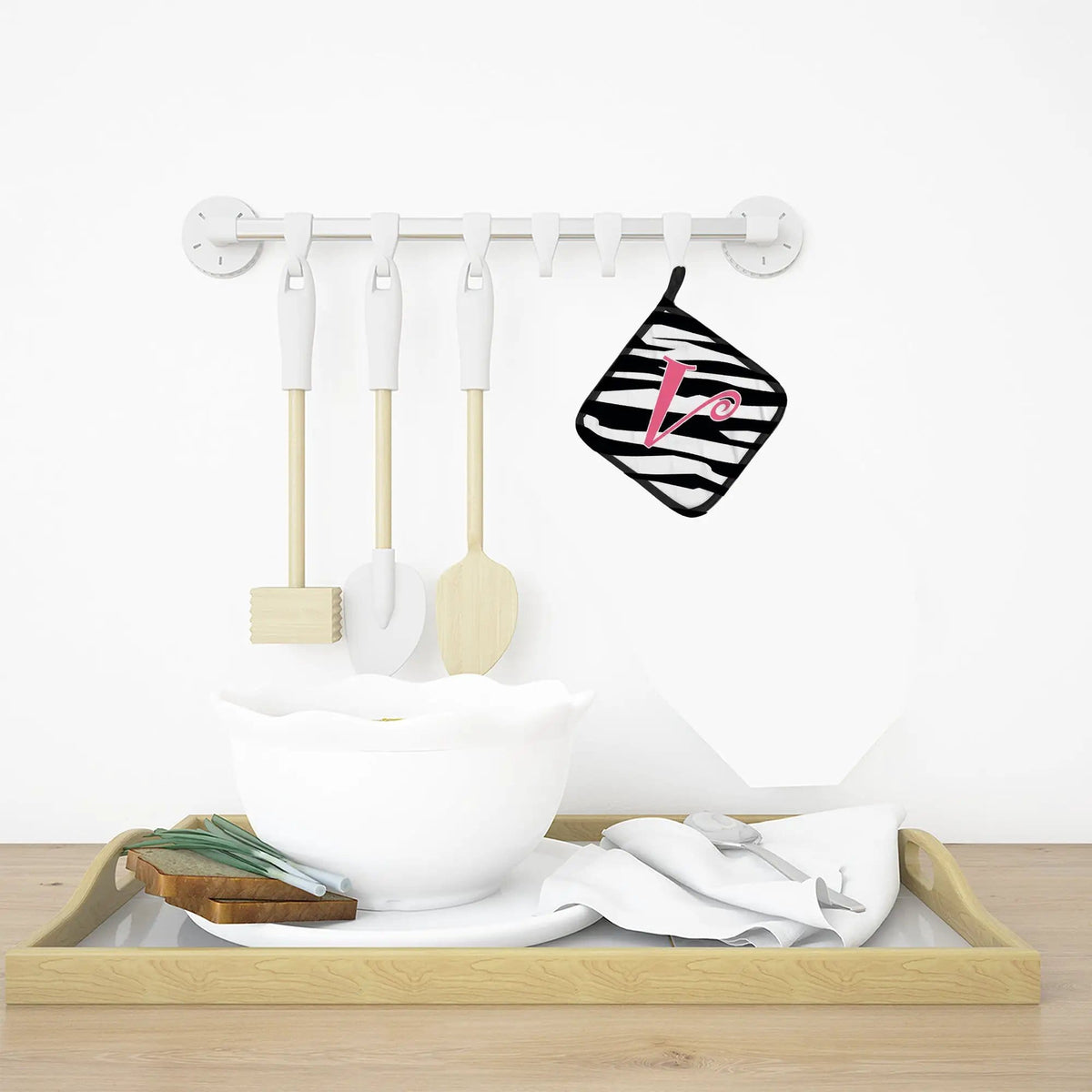 Pot Holder Set of 2 | Heat Resistant Quilted Hot Pads | 7.5 x 7.5 Inch | Letter V Initial Zebra Stripe and Pink